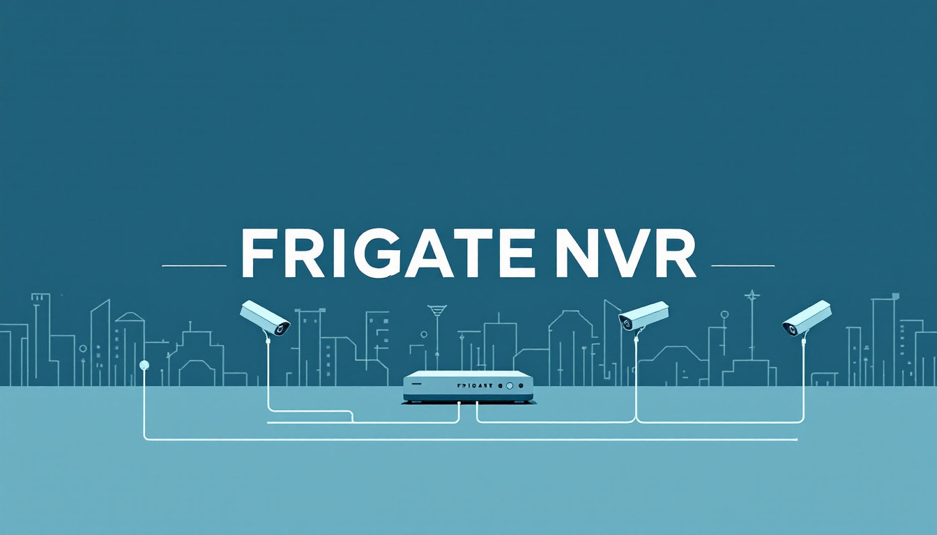 Flat illustration of a self-hosted Frigate NVR setup with mini PC and security cameras