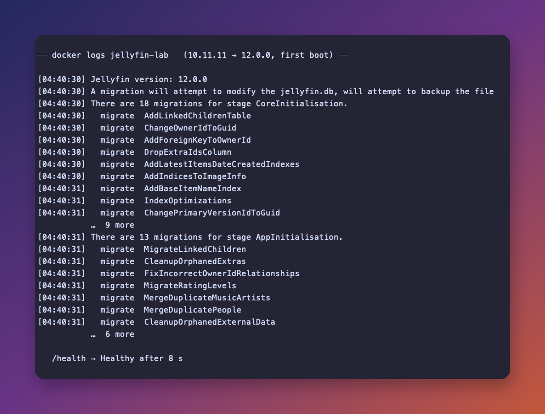 Docker log of the Jellyfin 10.11.11 to 12.0.0 upgrade showing 18 core migrations and 13 app migrations