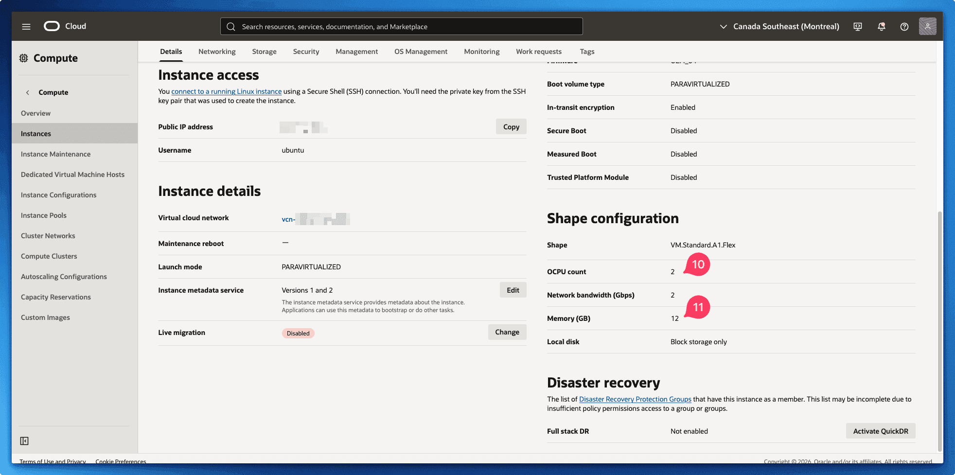 Oracle Cloud instance shape configuration confirming 2 OCPUs and 12 GB of memory after the edit