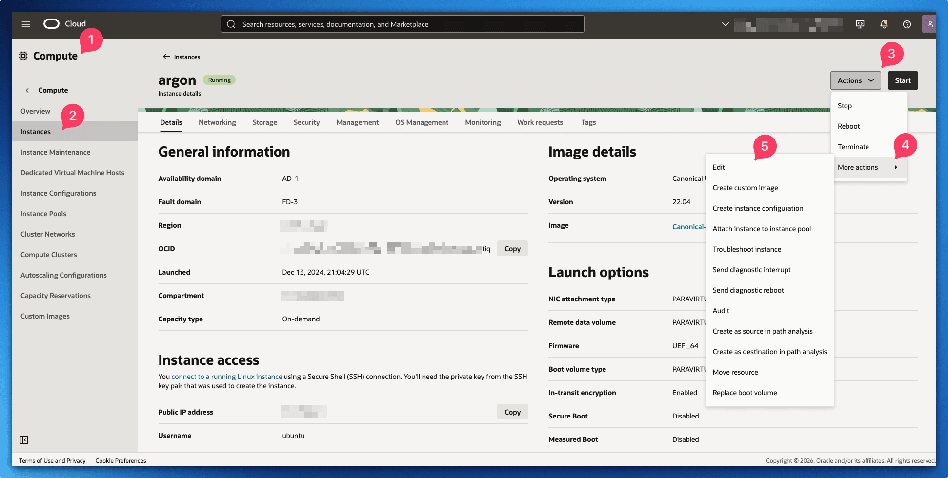 Oracle Cloud console showing the Actions menu with More actions and Edit highlighted on a running instance