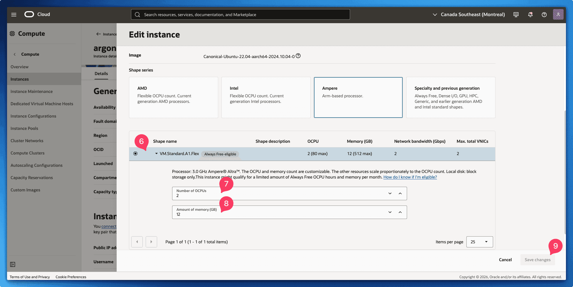 Oracle Cloud Edit instance dialog with the Ampere A1 Flex shape and the OCPU and memory fields being reduced