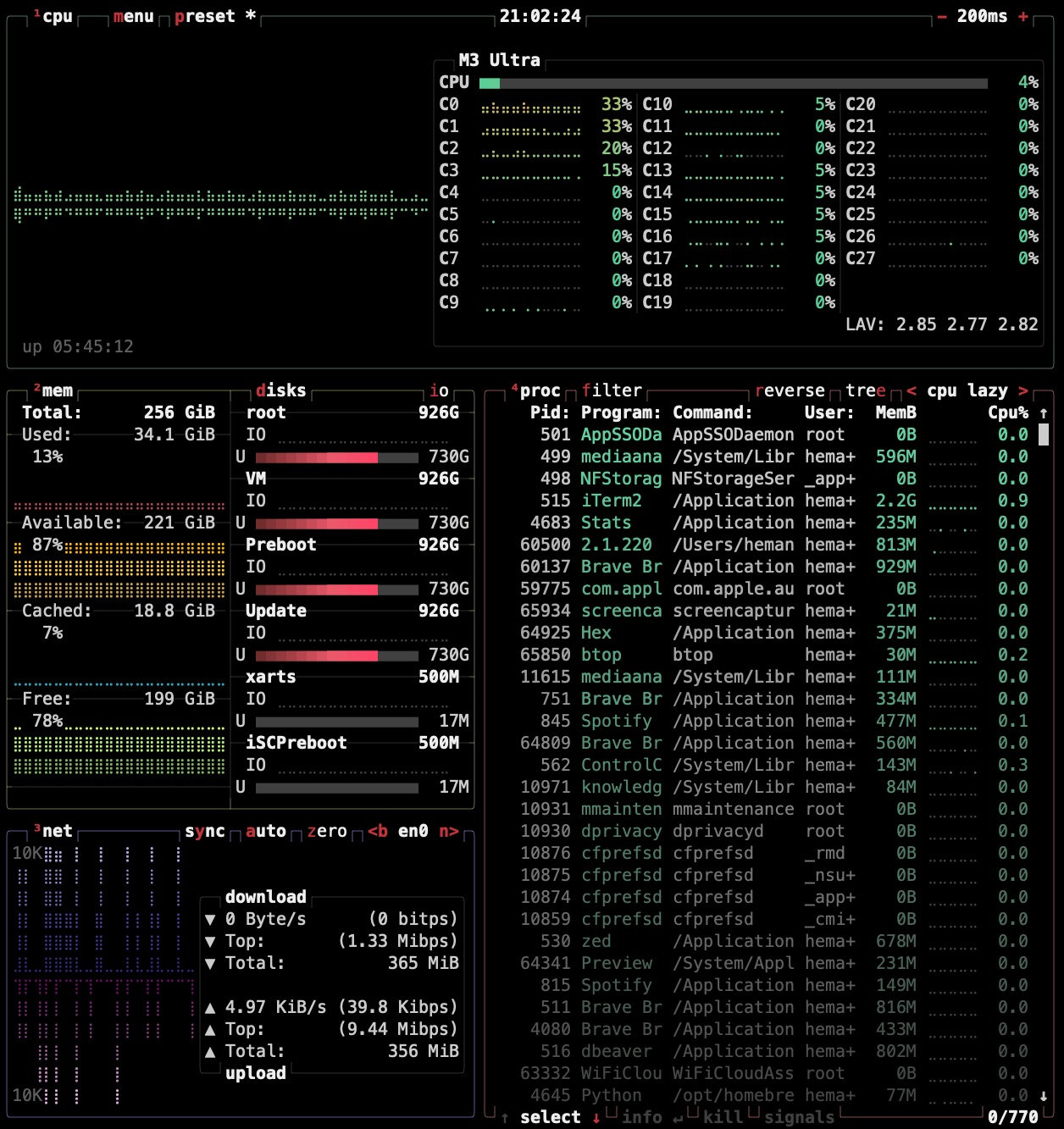 btop on the Mac Studio M3 Ultra showing 256GB total memory with 221GB available