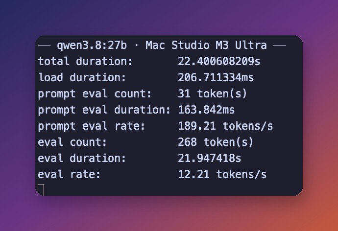Ollama verbose stats block for qwen3.8 27b on a Mac Studio M3 Ultra showing eval rate and prompt eval rate